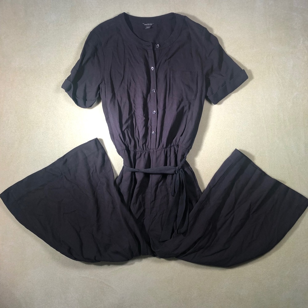 Ann Taylor Jumpsuit Women 4 Black Short Sleeve Button Front Wide Leg Belted